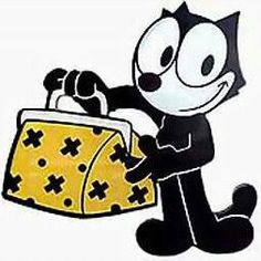 a black and white cartoon cat carrying a yellow purse with one eye on it's face