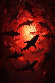 a large group of sharks swimming in the ocean at sunset or sunrise with red light