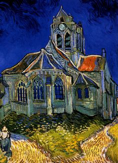 a painting of a church with a person walking towards it on a path in front of the building