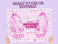 two hands holding up a pink poster with words reading ready to use or editable