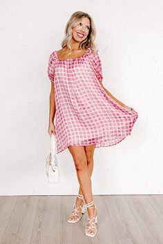 Create your dream look with this beautiful shift dress featuring lightweight material patterned with a white and hot pink grid print, a scooped neckline and upper back, short puff sleeves, hidden pockets, and a relaxed silhouette that falls into a straight mid-thigh length hemline! Measurements S : Bust 36", Hip 44", Length 33", Sleeve Length 11", Waist 38". M : Bust 38", Hip 46", Length 33.5", Sleeve Length 11.5", Waist 40". L : Bust 40", Hip 48", Length 34", Sleeve Length 12", Waist 42". Pink Grid, Create Your Dream Life, Grid Print, Scooped Neckline, Platform Heels, Puff Sleeves, Dream Life, Shift Dress, Your Dream