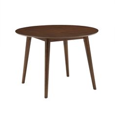 a round wooden table with two legs and a brown finish on the top, against a white background