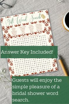 a crossword puzzle with the words, answer key included guests will enjoy the simple pleasure of a bridal shower word search