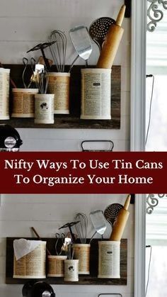 two shelves filled with kitchen utensils on top of each other