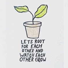 a drawing of a potted plant with the words, let's root for each other and watch each other grow