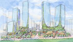 an artist's rendering of a futuristic city with tall buildings and lots of greenery