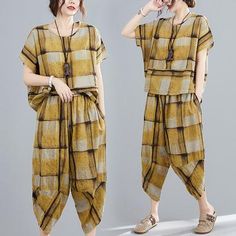 CASUAL WIDE-LEG YELLOW PLAID COMFORTABLE SUITS - rrdeye Cotton Yellow Dress, Midi Dress Plus Size, Loose Maxi Dress, Lantern Sleeve Dress, Sleeveless Short Dress, Boho Style Dresses, Yellow Plaid, Casual Jumpsuit, Long Shirt Dress