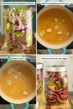 four pictures showing how to make soup in a jar