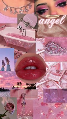 a collage of photos with pink and purple colors, including lipstick, eyeliners,