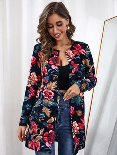 Multicolor Casual Collar manga larga Tela Floral,todo estampado Más Embellished Elástico Alto Primavera/Otoño Knitted Jackets Women, Floral Coat, Women Outerwear, Women Coats, Fabric Floral, Beachwear For Women, Trendy Fashion Women, Style Outfits, Sleeves Pattern