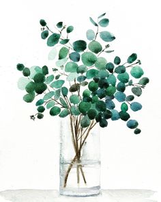 a watercolor painting of green leaves in a vase