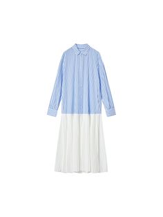 Details: Long sleeve pleated shirtdress in blue and white stripes Spread collar Multi-button front closure Pleated chiffon skirt in white Loose fit Materials & Care: Material 1: 100% Cotton Material 2: 100% Polyester Hand wash | Dry clean Do not bleach Size & Fit: Model is 5'7", Bust 32, Waist 24, Hips 35, wearing a size S Item #: UL2DR67 White Pleated Shirt Dress For Work, Spring Daywear Pleated Dress With Accordion Pleats, Spring Pleated Shirt Dress For Office, Spring Daywear Dress With Accordion Pleats, Pleated Shirt Dress For Office In Spring, Pleated Shirt Dress For Spring Office Wear, Spring White Pleated Workwear Dress, White Pleated Spring Dress For Work, White Pleated Dress For Workwear In Spring