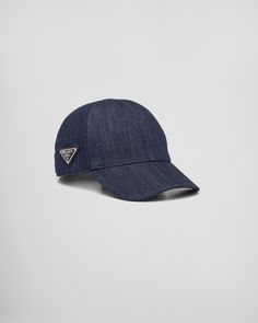 Enameled metal triangle logo Prada Denim, Prada Hat, Baseball Cap Women, Cap Outfit, Denim Cap, Denim Baseball Cap, Navy Hats, Cap Women, Blue Accessories