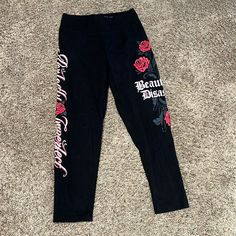 These Are Brand New Beautiful Disaster Capri Leggings In Size Small. Spring Streetwear Stretch Leggings, Black Capri Length Leggings For Spring, Black Stretch Capris For Fall, Fitted Black Capris For Spring, Fall Black Stretch Capris, Black Fitted Capris For Spring, Beautiful Disaster, Capri Leggings, Colorful Leggings