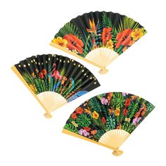 two hand fans decorated with tropical flowers and birds