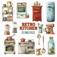 watercolor kitchen clipart set with retro appliances and cooking utensils on white background