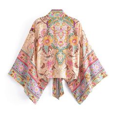 wickedafstore Alondra Kimono Casual Spring Paisley Print Kimono, Casual Summer Kimono With Paisley Print, Casual Summer Paisley Print Kimono, Spring Vacation Tops With Vintage Print, Spring Vacation Top With Vintage Print, Spring Vacation Vintage Print Tops, Casual Kimono With Vibrant Print For Spring, Casual Floral Print Kimono For Fall, Multicolor Floral Print Long Sleeve Kimono