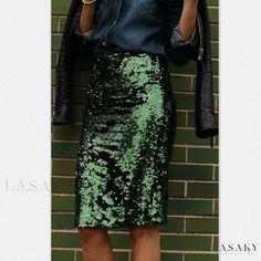 Lasaky - Alluring Silver Mid-Calf Length Wraparound Skirt Green Sequin Skirt, Sequence Skirt, Wraparound Skirt, Green Bodycon Dress, Night Skirt, Birthday Outfit For Women, Sequin Pencil Skirt, Silver Skirt, Bodycon Midi Skirt