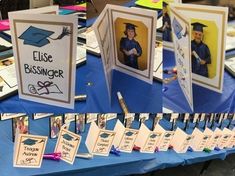 the table is set up for graduation with pictures and name tags attached to each card