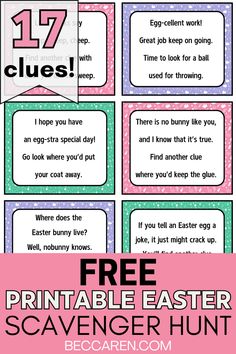 This is a fun indoor activity for Easter. These free printable easter egg clues will send your kids off on an exciting Easter adventure. It is perfect for toddlers, preschoolers, older kids and tweens!