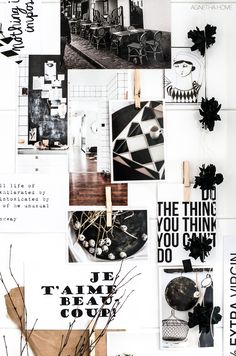 black and white collage with words, pictures, and flowers on it's side