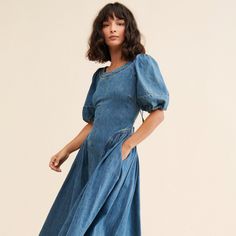 Puff-Sleeve Seamed Denim Dress Western Inspired Dress, Denim Dress Long Sleeve, Soft Denim Dress, Linen A Line Dress, Lds Mission Dresses, Appalachia Wedding, Denim Maxi Dress Outfit, Denim Bridesmaid Dresses, Masculine Dress