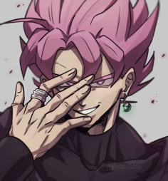 an anime character with pink hair and glasses covering his eyes while holding his hand up to his face