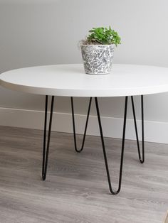 a white table with black hairpin legs and a potted plant sitting on top