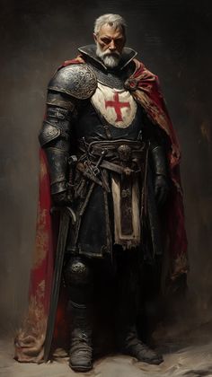 a painting of a man in armor with a cross on his chest and red cape