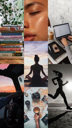 a collage of photos with woman doing yoga, books and laptops on the table