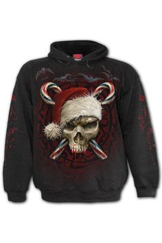 Candy Cane Santa - Hoody Black Pull Sweat, Hooded Sweater, Printed Sweatshirts