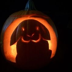 a pumpkin carved to look like a dog is lit up in the dark with its eyes open