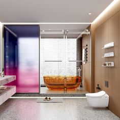 a bathroom with a tub, toilet and sink in the middle of it's walls