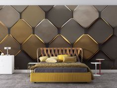 a bedroom with a bed, nightstands and wallpaper that looks like hexagonal tiles