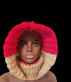 Material: 100% Acrylic Yarn  Size: OS  Color: Red/Khaki Trendy Red Hoodie For Winter, Red Winter Hoodie For Cold Weather, Red Hoodie For Winter Cold Weather, Red Hoodie For Cold Winter Weather, Crochet Turtleneck, Turtleneck Hoodie, Yarn Sizes, Acrylic Yarn, Favorite Outfit