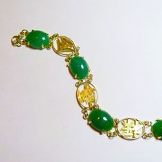 Vintage 14k Gold Chinese Characters Green old Jade Aventurine Link Bracelet 7.5 Long - Etsy Classic Green Jade Jewelry, Heirloom Jade Jewelry In Green, Luxury Green Oval Bracelet, Heirloom Green Jade Jewelry, Classic Jade Jewelry For May Birthstone, Heirloom Green Cabochon Jewelry, Yellow Gold Jade Jewelry With Cabochon, Antique Green Jewelry With Polished Finish, Classic Jade Bracelets For Formal Occasions