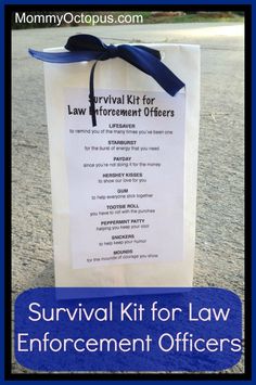 the survival kit for law enforcement officers is on display in front of a sign that reads survival kit for law enforcement officers