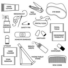 a black and white drawing of various items that include scissors, hair clippings, eyeliners, nail polishing clips, safety pins, etc