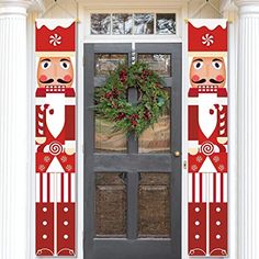 an image of a front door decorated for christmas with decorations and wreaths on it