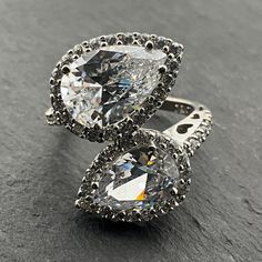 Vintage Cubic Zirconia Sterling Silver Teardrop Wrap Statement Ring, UK Size K, US Size 5 1/4, EU Size 49 1/2, Stamped 925 DQCZ Diamond Quality Cubic Zirconia, Front Max Width 21mm, Weight 6.77 Grams, Lovely Condition Teardrop Cubic Zirconia Diamond Ring For Anniversary, Silver Teardrop Ring With Diamond Accents, Dazzling Silver Teardrop Diamond Ring, Teardrop Diamond Cut Ring, Teardrop Cubic Zirconia Ring With Diamond Accents, Teardrop Cubic Zirconia Diamond Ring In Diamond White, Teardrop Cubic Zirconia Diamond Ring With Halo Setting, Teardrop Cubic Zirconia Diamond White Ring, Dazzling Teardrop Rings With Diamond Accents