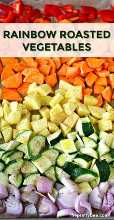 the rainbow roasted vegetables are ready to be cut up and put in the freezer