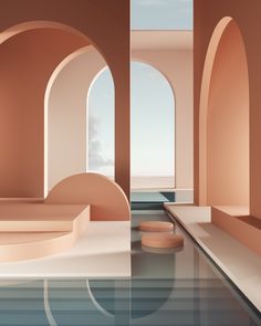 an artistic rendering of a room with arches and water in the foreground is shown