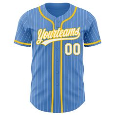 Custom Powder Blue White Pinstripe Yellow Authentic Baseball Jersey Blue Jersey With Baseball Collar, Blue Baseball Jersey With Sublimation Print For Game Day, Customizable Blue Jersey For Baseball Season, Blue Baseball Jersey For Sports Fans, Blue Baseball Jersey For Sports Events, Blue Baseball Jersey With Baseball Collar For Team Events, Blue Baseball Jersey With Collar For Team Events, Sports Event Baseball Jersey With Three Stripes, Blue Baseball Jersey For Baseball Season