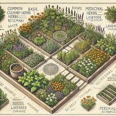 a garden with many different types of plants and flowers in the center, including carrots,