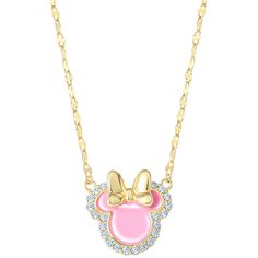 A pretty pink enamel Minnie Mouse silhouette is outlined with cubic zirconia on this glittery pendant necklace from Disney..Set in 18k gold-plated sterling silver.Approx. length: 18'; approx. drop: 5/8'.Lobster clasp closure.Item comes packaged in a gift box.Sign up for Macy's WorryNoMore® Jewelry & Watch Protection program within 30 days of purchase. Before delivery, call Customer Service 1-800-289-6229 to sign up. After delivery, visit a Macy's store with your dated receipt and jewelry purchas Pink Disney Jewelry For Gifts, Pink Disney Jewelry For Gift, Disney Style Pink Jewelry Gift, Disney Gold Necklaces For Gifts, Gold Disney Necklace For Gift, Minnie Mouse Silhouette, Mouse Silhouette, Jewelry Watch, Disney Jewelry