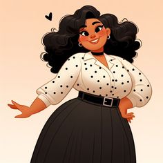 an animated woman in a polka dot shirt and black skirt with her hands on her hips