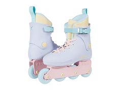 two roller skates with blue and pink wheels