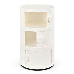 a white round shelf with two shelves on each side and one section open to show the inside