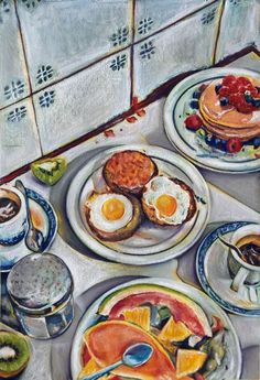 an oil painting of breakfast food on a table