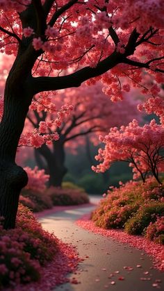 a tree that is next to a sidewalk with pink flowers on the trees and grass